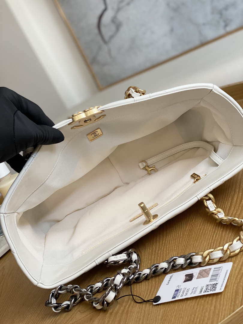 Chanel 19 Shopping Bag Shiny Lambskin AS3660 Gold-Tone  Silver-Tone & Ruthenium-Finish Metal White - Default Title - View 9
