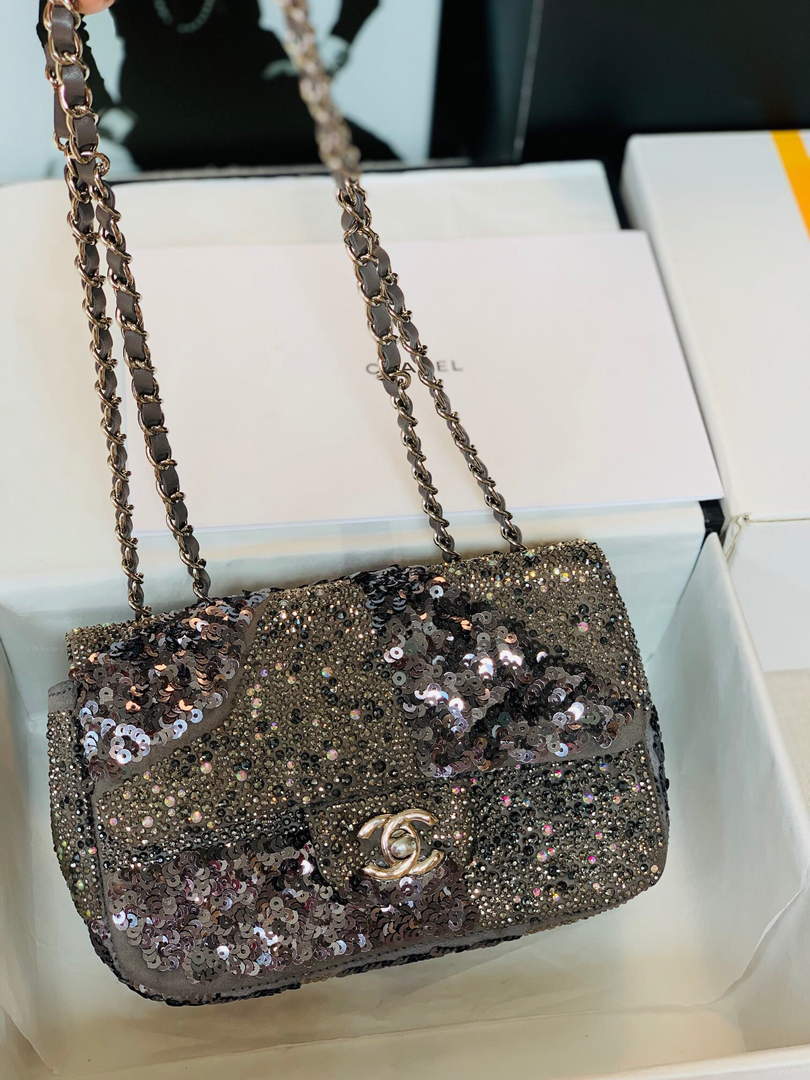 Chanel 2022 CF Flap Rhinestone Limited Edition Bag Sequins Brown