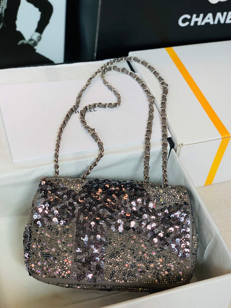 Chanel 2022 CF Flap Rhinestone Limited Edition Bag Sequins Brown