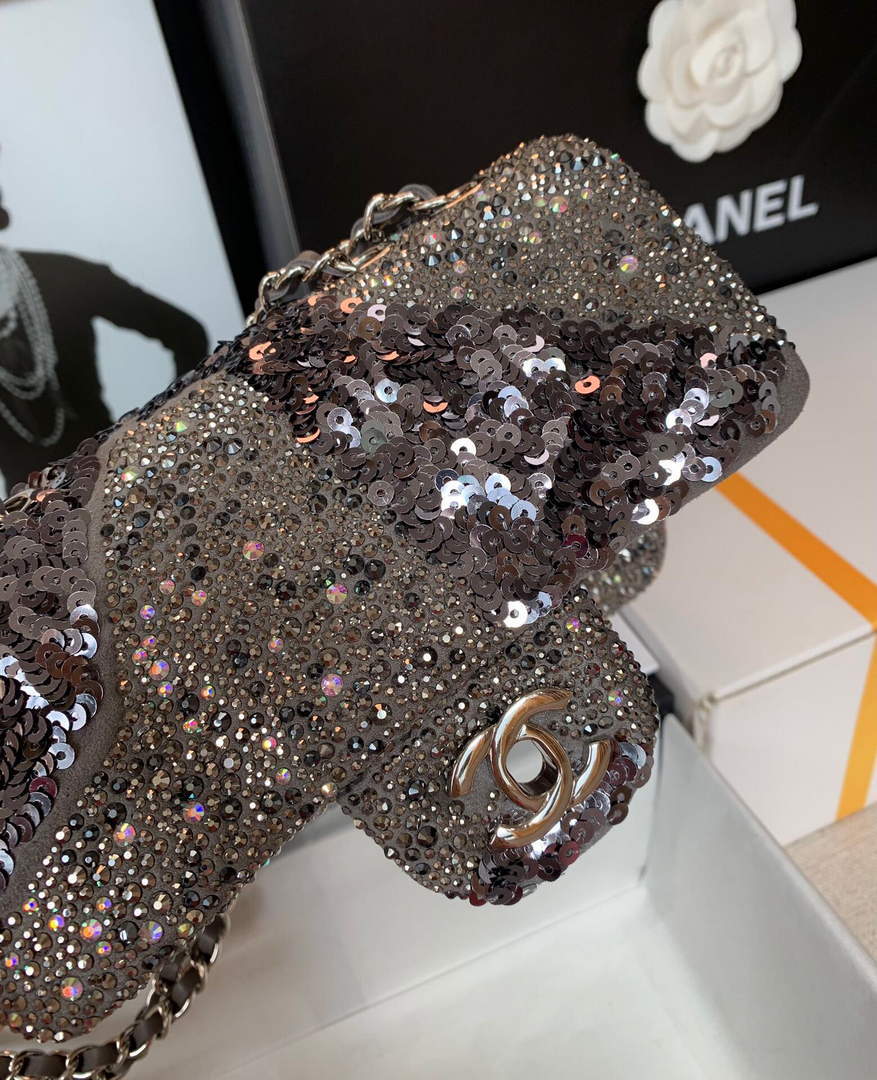 Chanel 2022 CF Flap Rhinestone Limited Edition Bag Sequins Brown