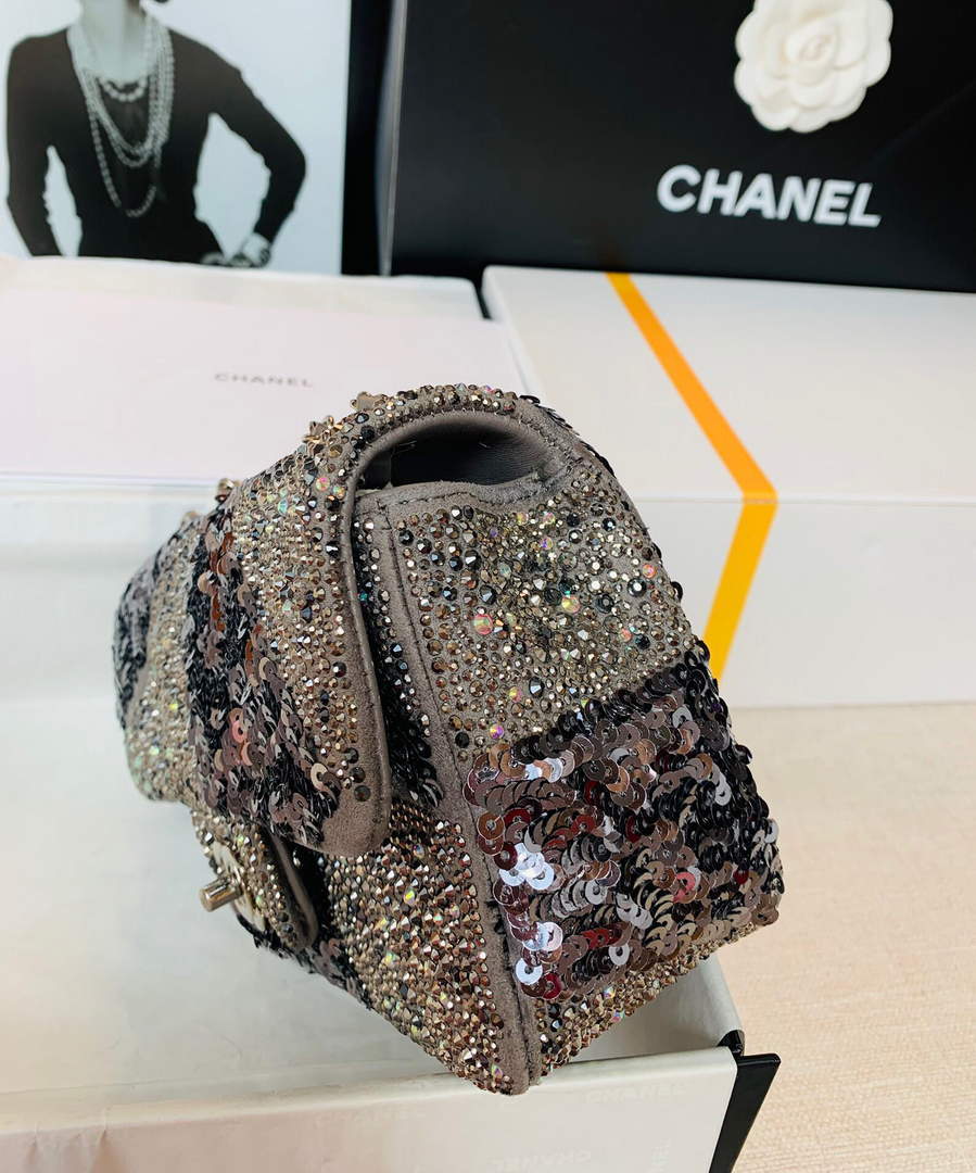 Chanel 2022 CF Flap Rhinestone Limited Edition Bag Sequins Brown