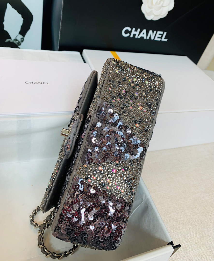 Chanel 2022 CF Flap Rhinestone Limited Edition Bag Sequins Brown