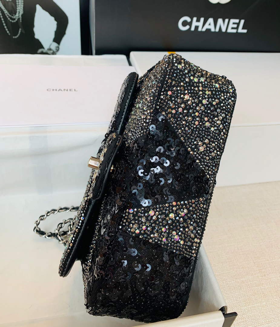 Chanel 2022 CF Flap Rhinestone Limited Edition Bag Sequins Black