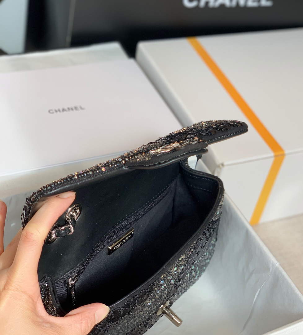 Chanel 2022 CF Flap Rhinestone Limited Edition Bag Sequins Black