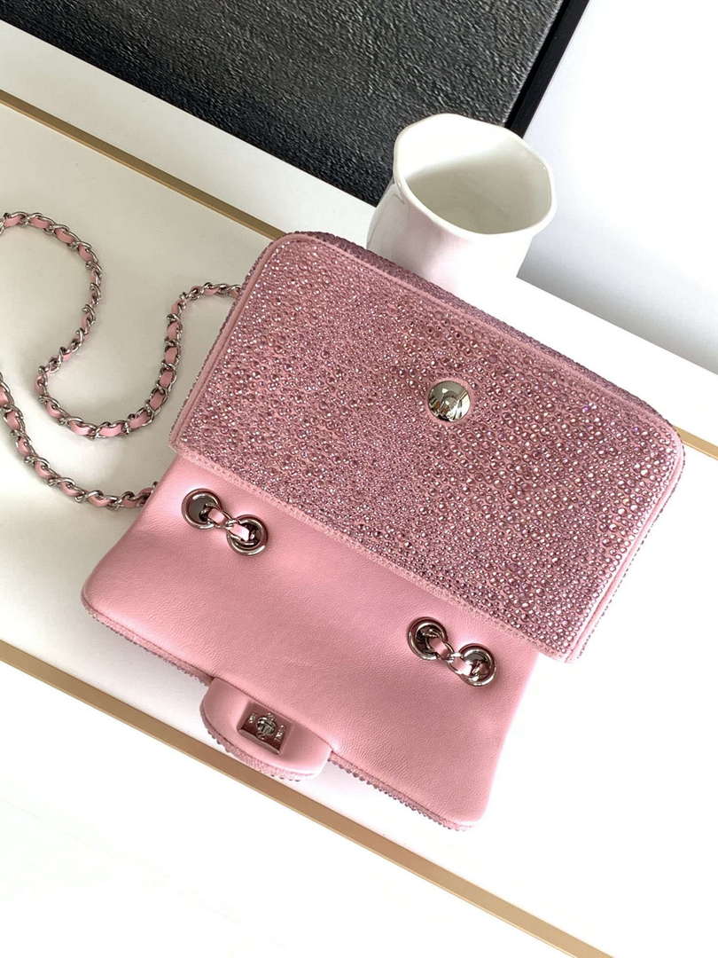 Chanel 20cm Flap Handbag Rhinestones 23S CF Limited Edition Pink