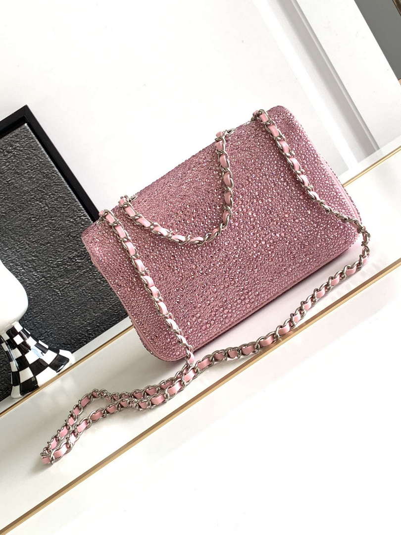 Chanel 20cm Flap Handbag Rhinestones 23S CF Limited Edition Pink