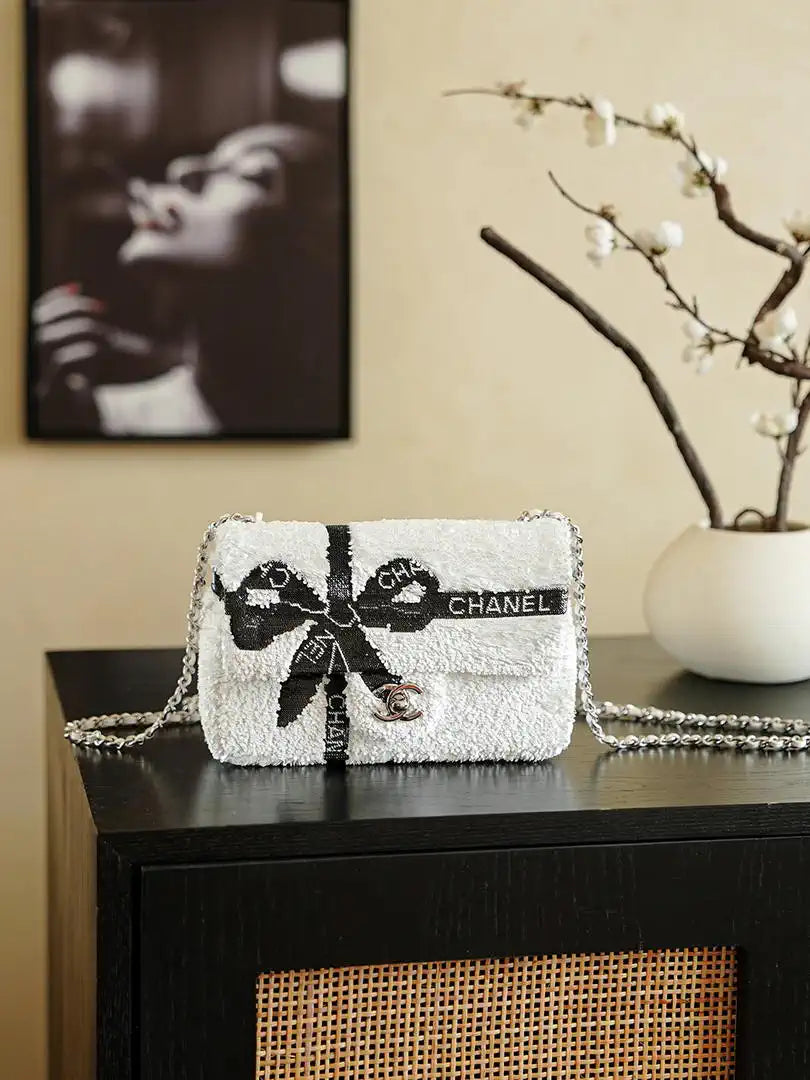 Chanel 20CM Mini Flap Bag 24B White & Black Sequin Bow Silver