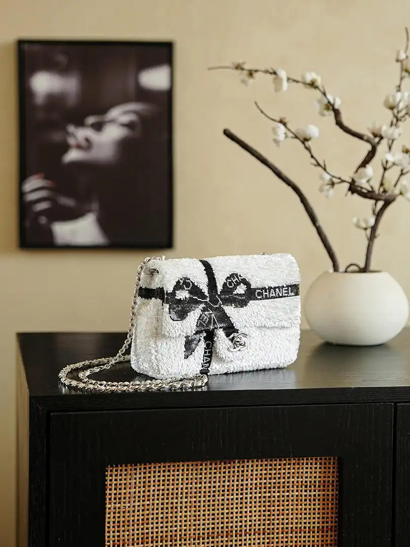 Chanel 20CM Mini Flap Bag 24B White & Black Sequin Bow Silver