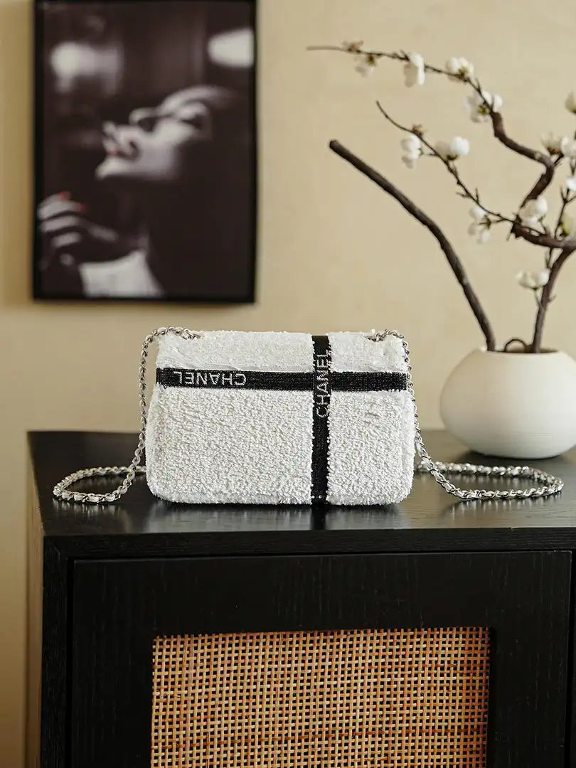 Chanel 20CM Mini Flap Bag 24B White & Black Sequin Bow Silver