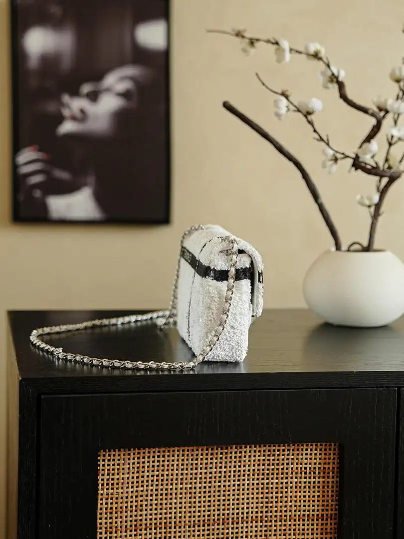 Chanel 20CM Mini Flap Bag 24B White & Black Sequin Bow Silver