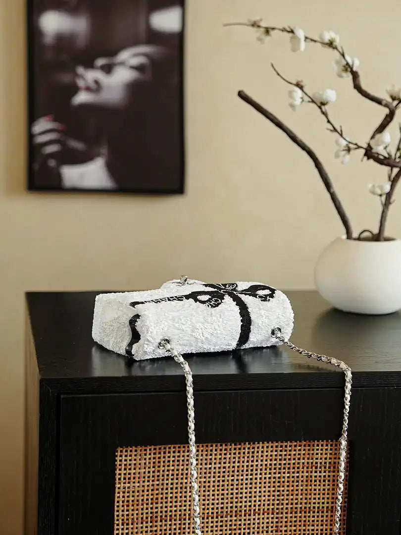 Chanel 20CM Mini Flap Bag 24B White & Black Sequin Bow Silver