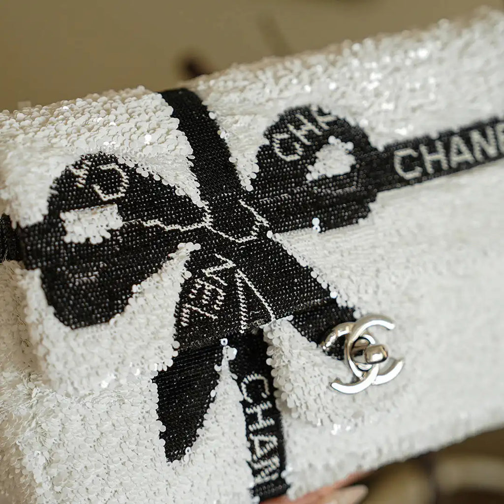 Chanel 20CM Mini Flap Bag 24B White & Black Sequin Bow Silver
