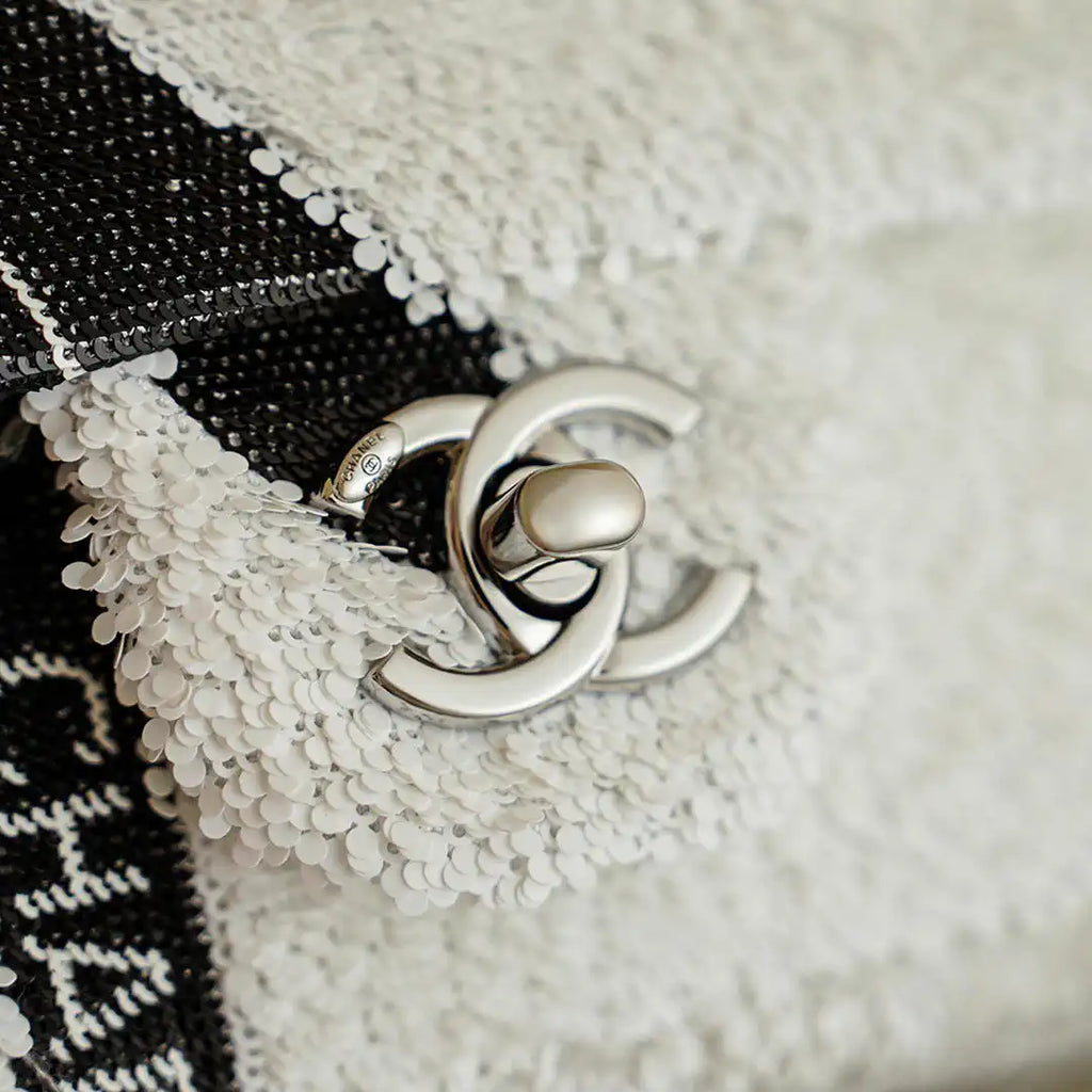 Chanel 20CM Mini Flap Bag 24B White & Black Sequin Bow Silver