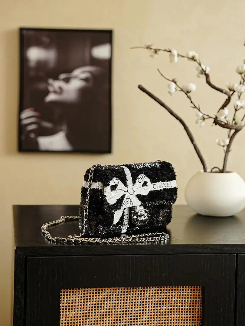 Chanel 20CM Mini Flap Bag 24B Black& White Sequin Bow 99932 Silver
