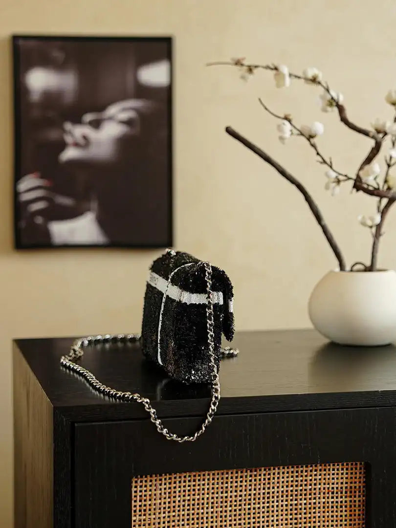 Chanel 20CM Mini Flap Bag 24B Black& White Sequin Bow 99932 Silver