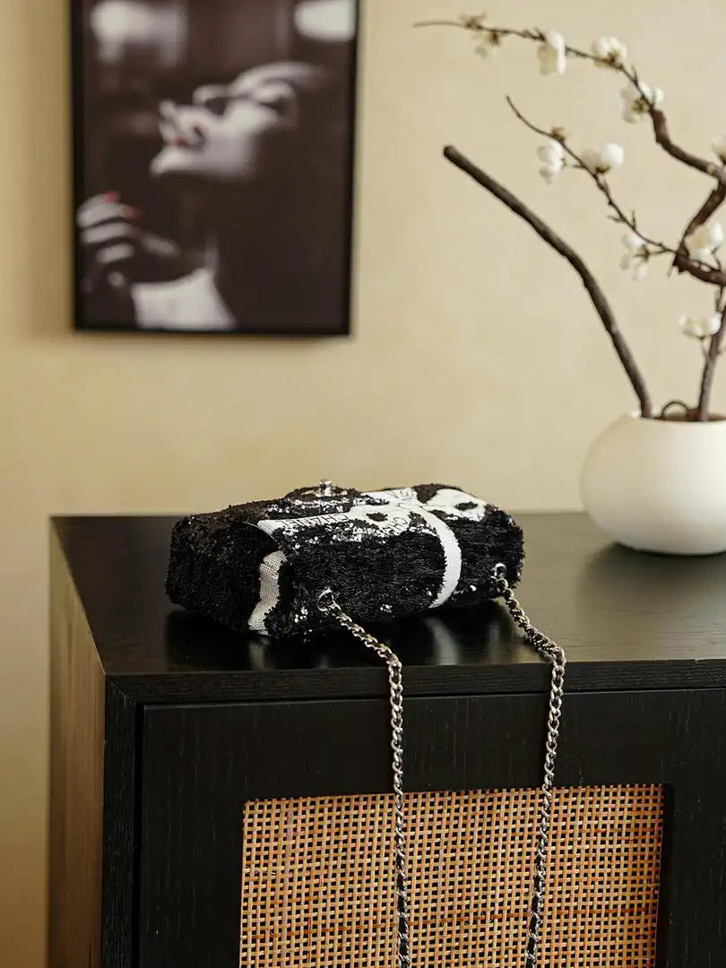Chanel 20CM Mini Flap Bag 24B Black& White Sequin Bow 99932 Silver