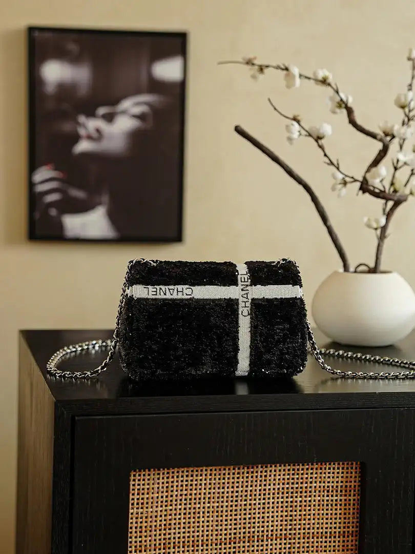 Chanel 20CM Mini Flap Bag 24B Black& White Sequin Bow 99932 Silver