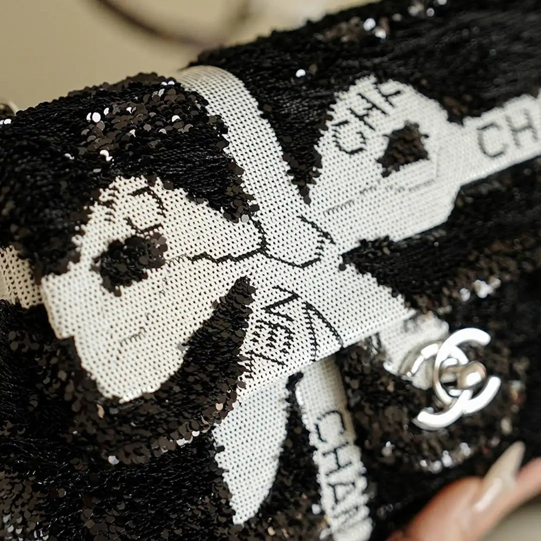 Chanel 20CM Mini Flap Bag 24B Black& White Sequin Bow 99932 Silver