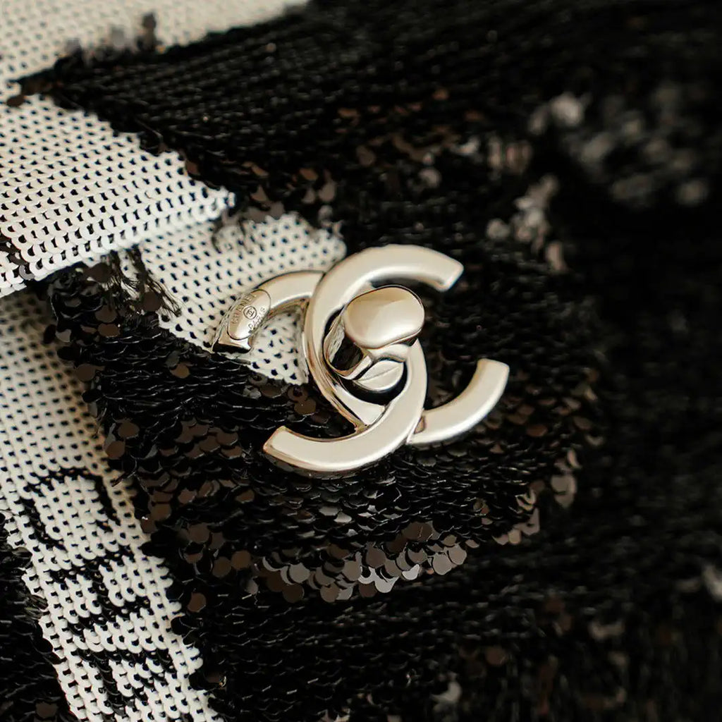 Chanel 20CM Mini Flap Bag 24B Black& White Sequin Bow 99932 Silver