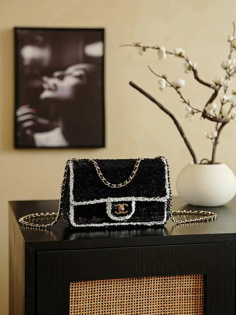 Chanel 20CM Mini Flap Bag 24S Black Sequin As6171