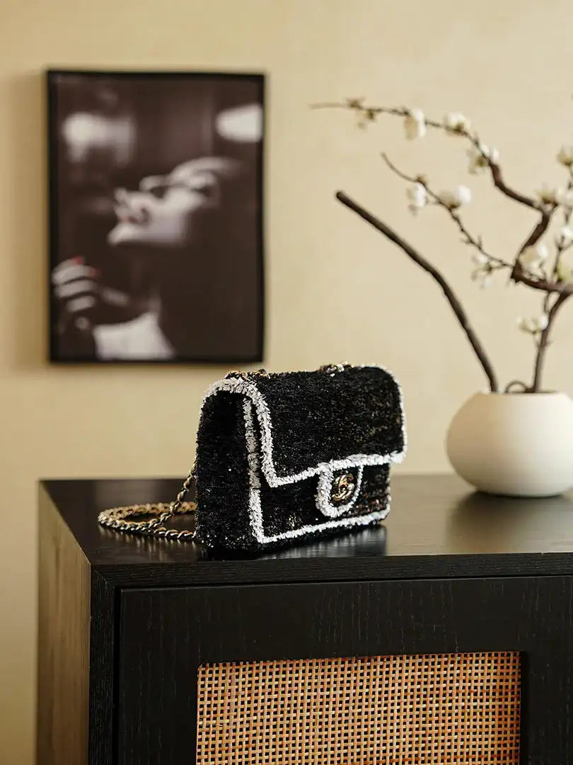 Chanel 20CM Mini Flap Bag 24S Black Sequin As6171