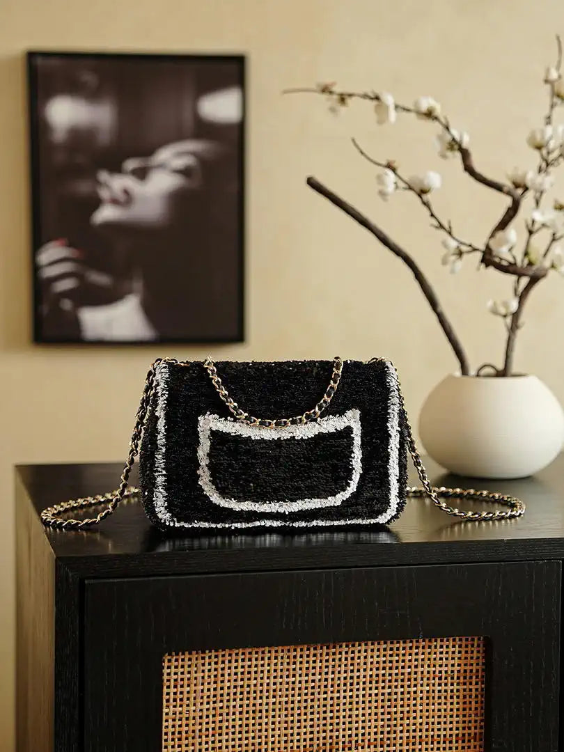 Chanel 20CM Mini Flap Bag 24S Black Sequin As6171