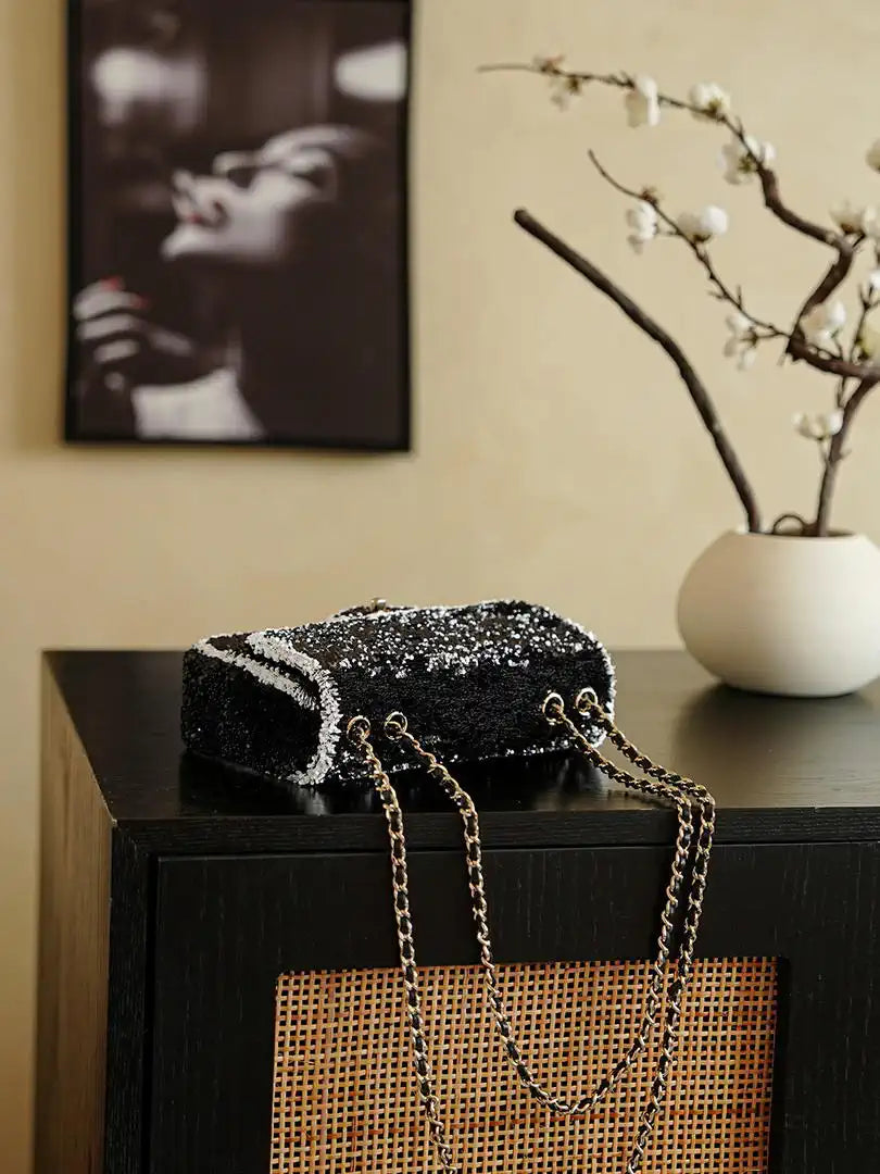 Chanel 20CM Mini Flap Bag 24S Black Sequin As6171