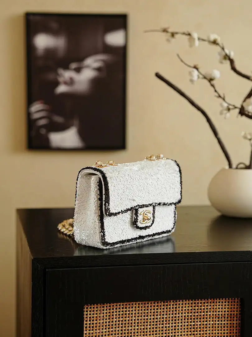 Chanel 20CM Mini Flap Bag 24S White Sequin As6171