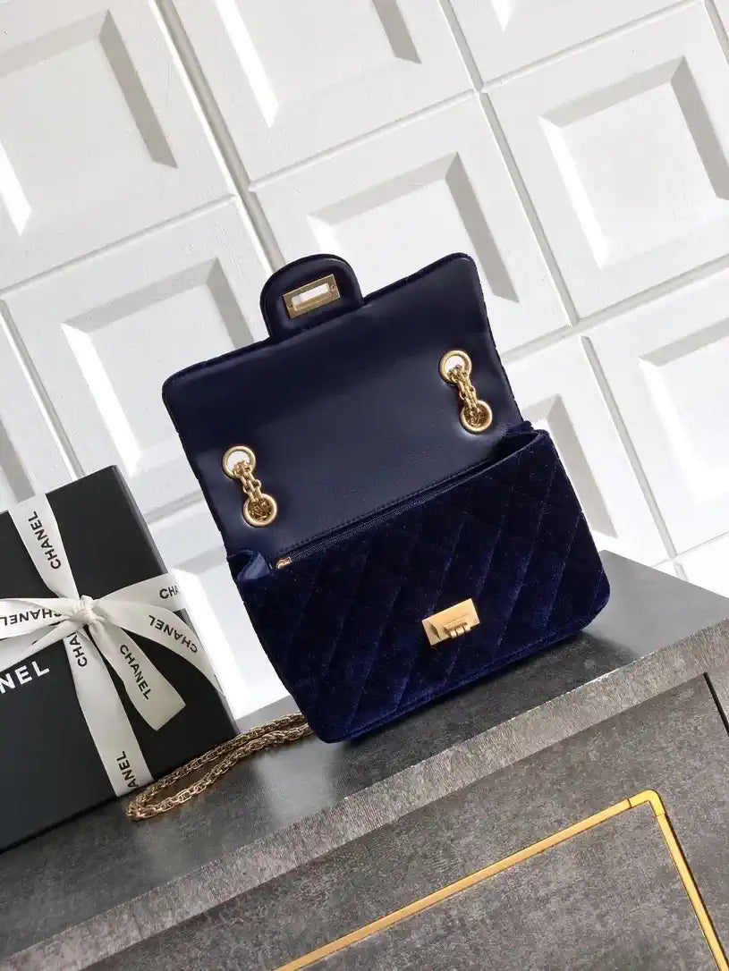 Chanel 20CM Mini Flap Bag 25A Velvet Navy Blue AS1116
