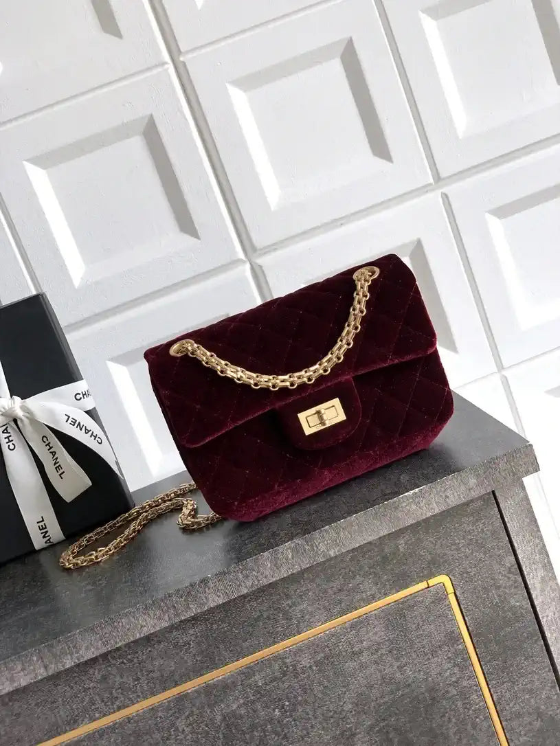 Chanel 20CM Mini Flap Bag 25A Velvet Dark Red AS1116