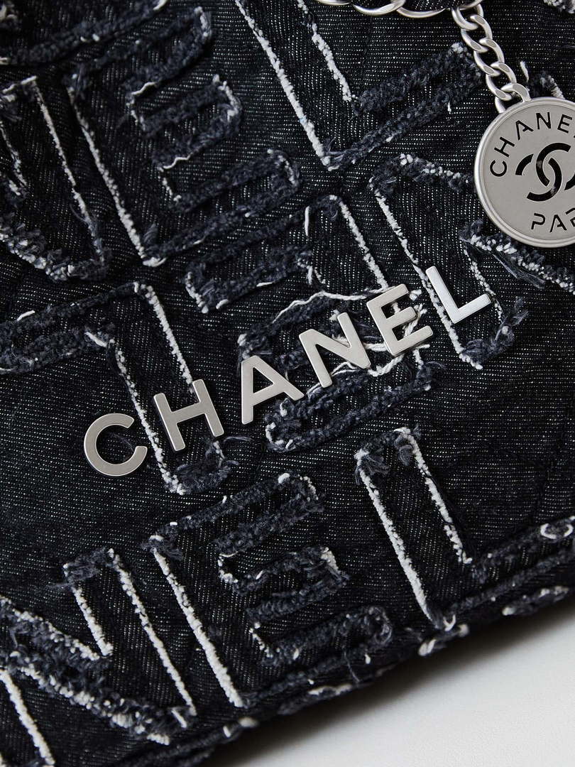 Chanel 22 AS3260 Small Handbag 24A Black Denim embroidered & Silver-Tone Metal