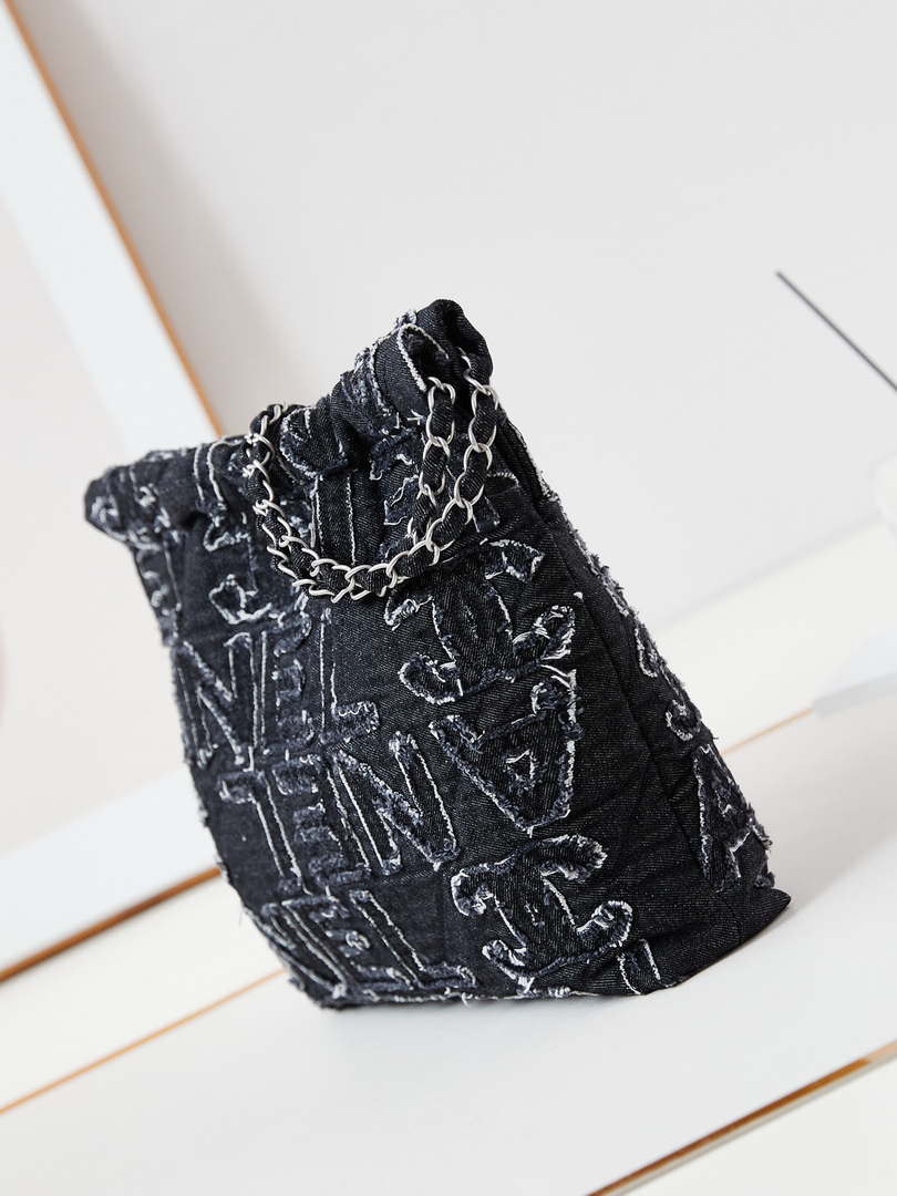 Chanel 22 AS3260 Small Handbag 24A Black Denim embroidered & Silver-Tone Metal