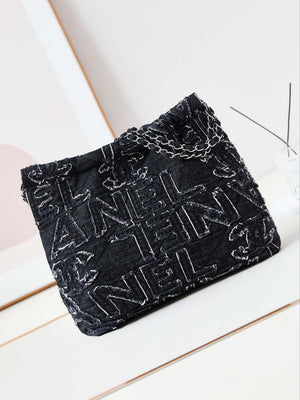 Chanel 22 AS3260 Small Handbag 24A Black Denim embroidered & Silver-Tone Metal - Default Title - View 5