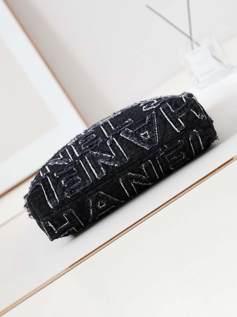 Chanel 22 AS3260 Small Handbag 24A Black Denim embroidered & Silver-Tone Metal