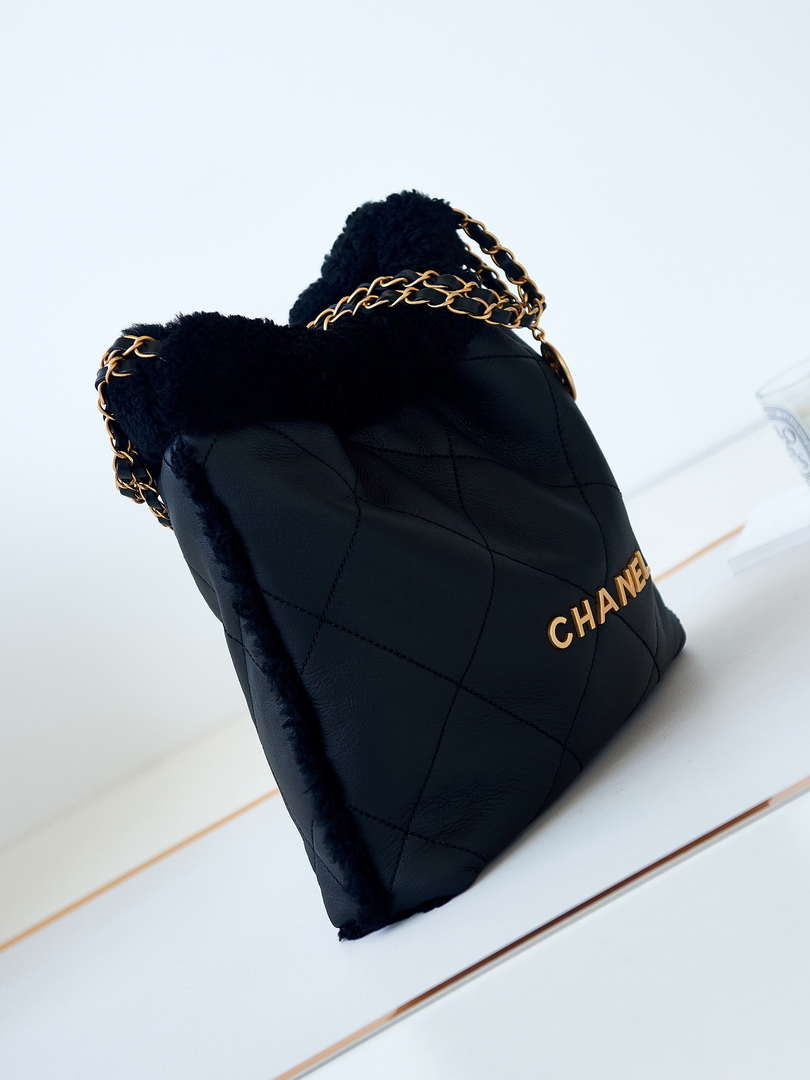 Chanel 22 AS3260 Small Handbag Black Calfskin wiht Black wool Gold - Default Title - View 1