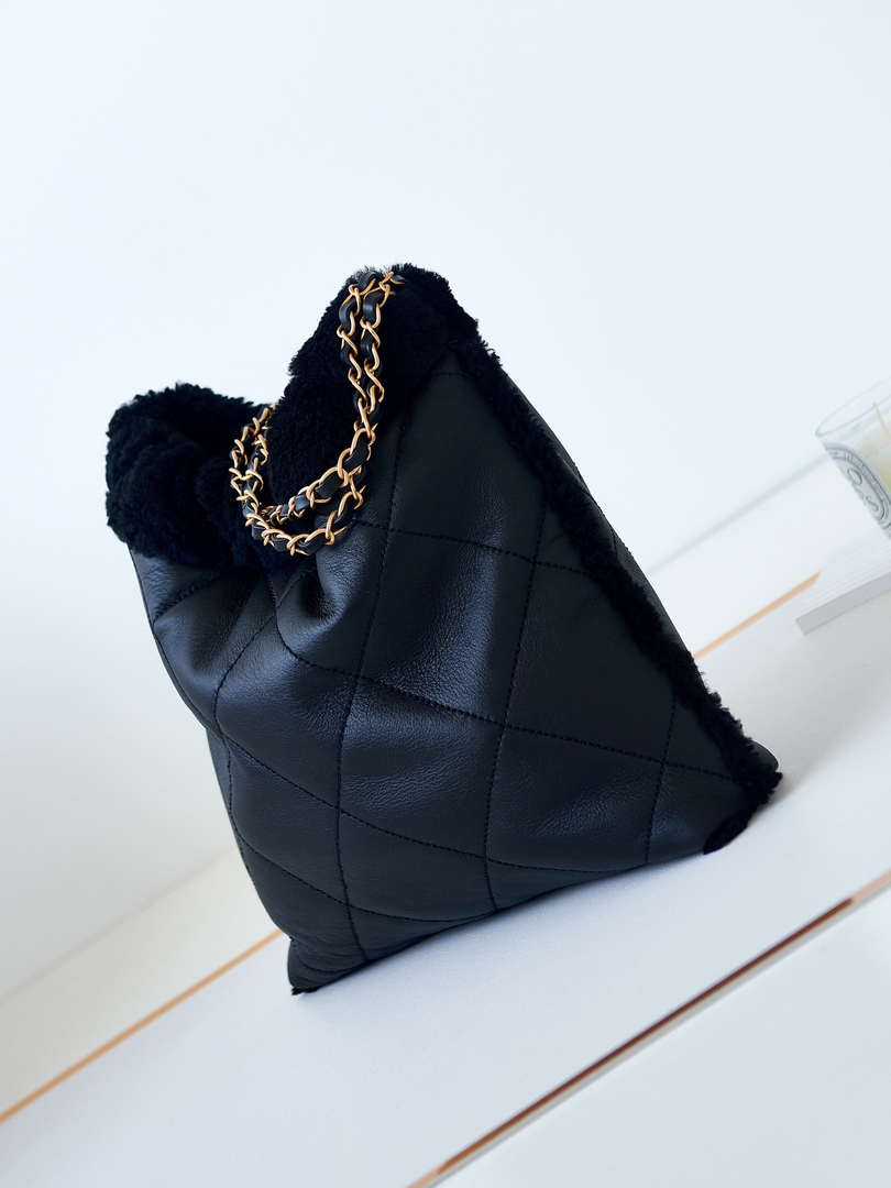 Chanel 22 AS3260 Small Handbag Black Calfskin wiht Black wool Gold