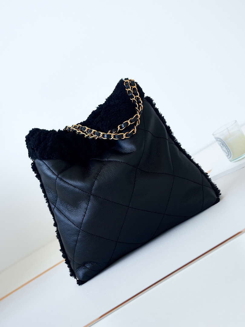 Chanel 22 AS3260 Small Handbag Black Calfskin wiht Black wool Gold - Default Title - View 3