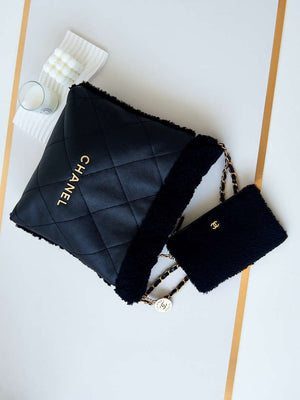 Chanel 22 AS3260 Small Handbag Black Calfskin wiht Black wool Gold - Default Title - View 5