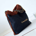 Chanel 22 AS3260 Small Handbag Black Calfskin wiht Brown wool Gold - Default Title - View 1