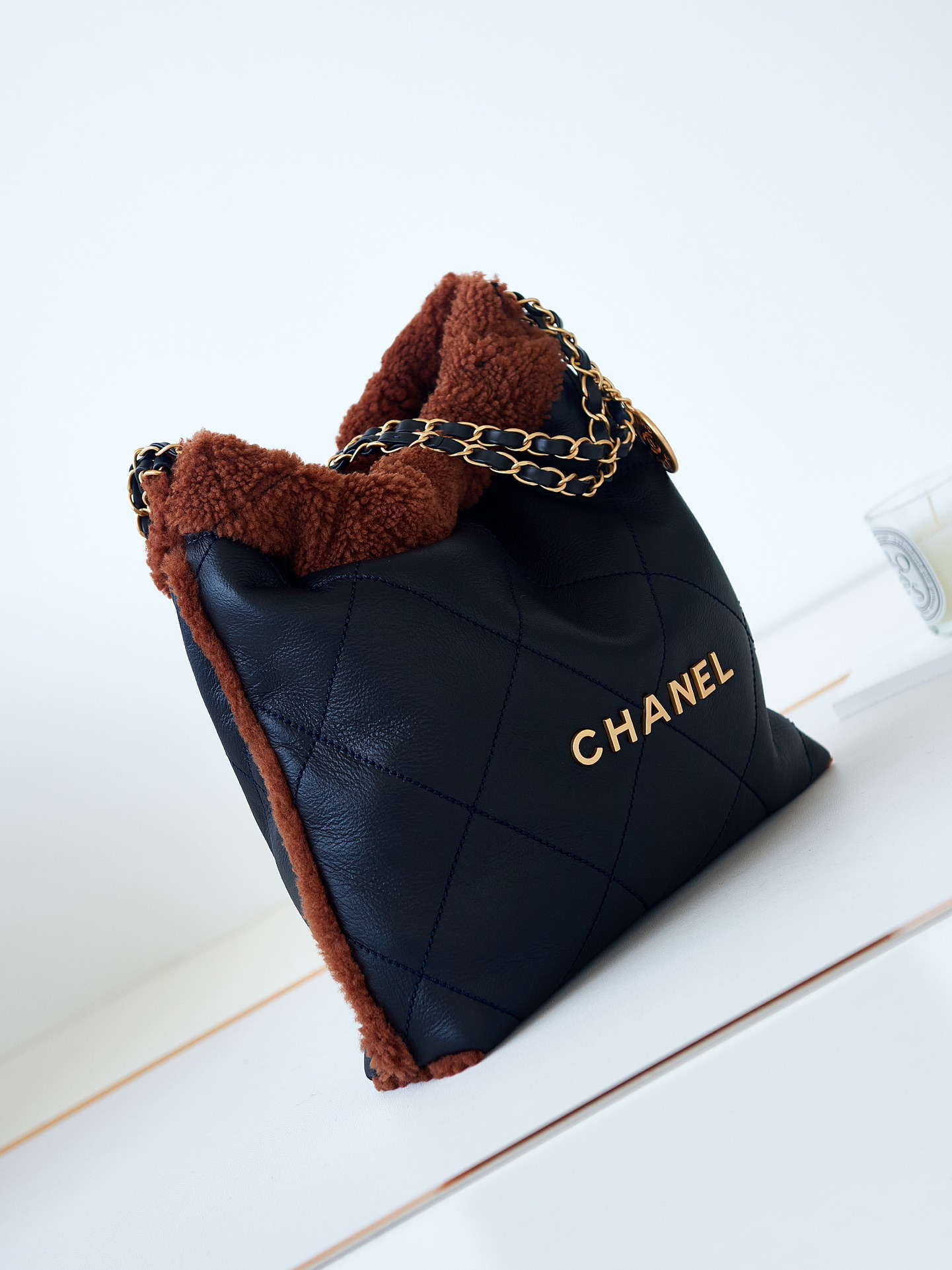 Chanel 22 AS3260 Small Handbag Black Calfskin wiht Brown wool Gold - Default Title - View 1
