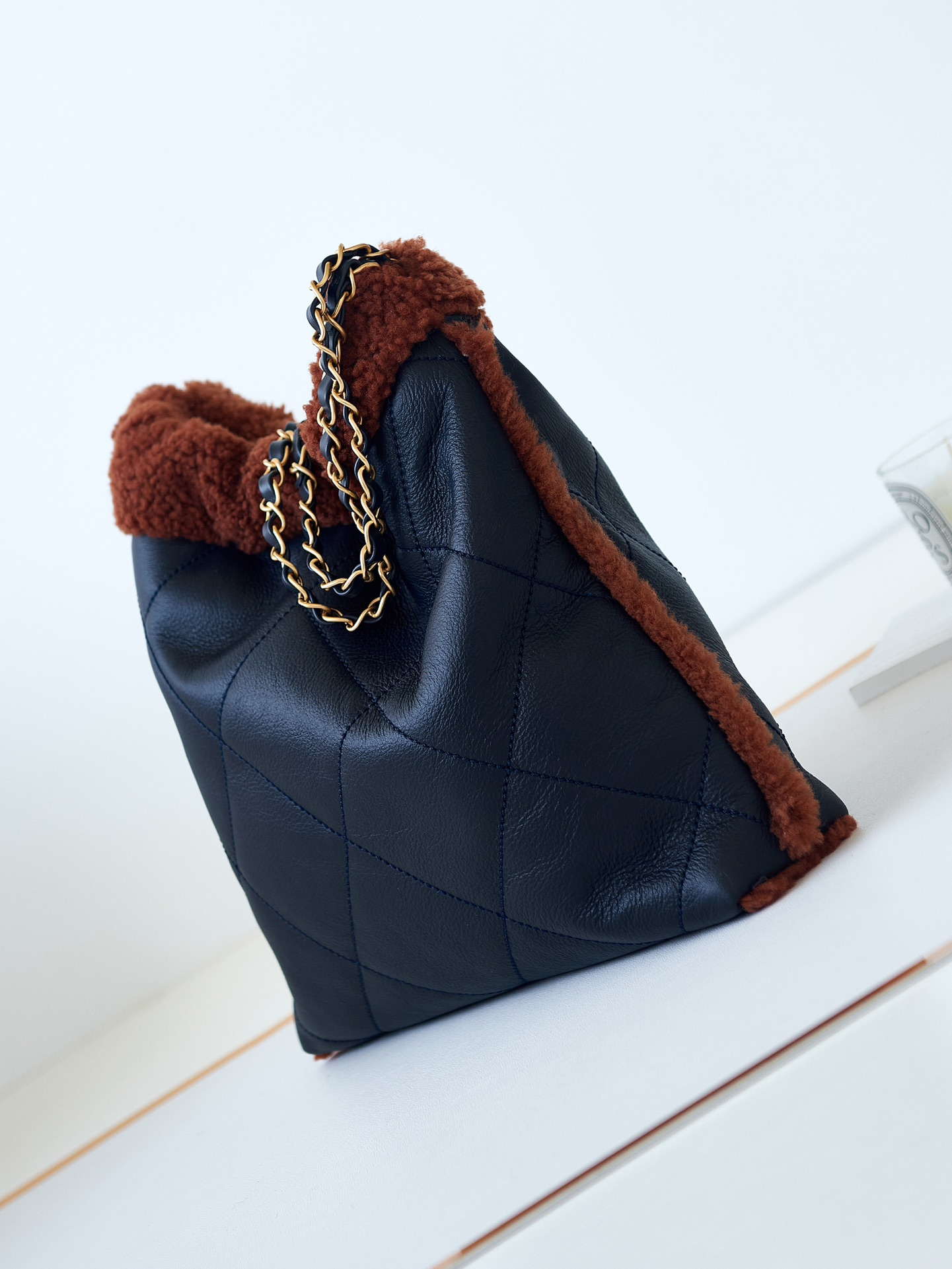 Chanel 22 AS3260 Small Handbag Black Calfskin wiht Brown wool Gold