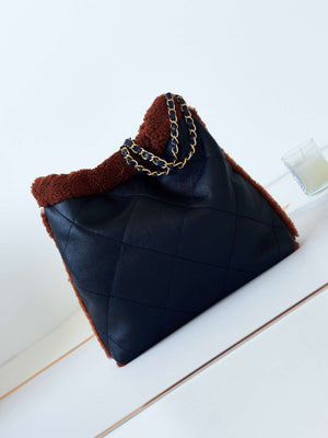 Chanel 22 AS3260 Small Handbag Black Calfskin wiht Brown wool Gold - Default Title - View 3