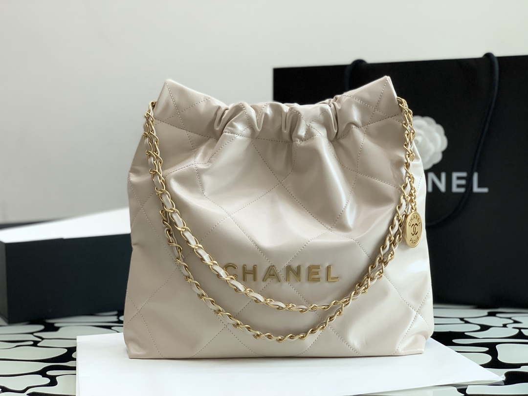 Chanel 22 AS3260 Small Handbag Shiny Calfskin Apricot - Default Title - View 1