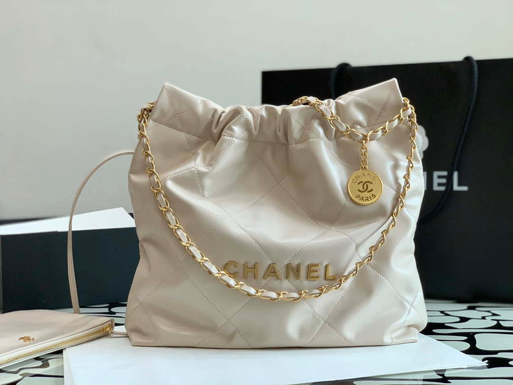 Chanel 22 AS3260 Small Handbag Shiny Calfskin Apricot