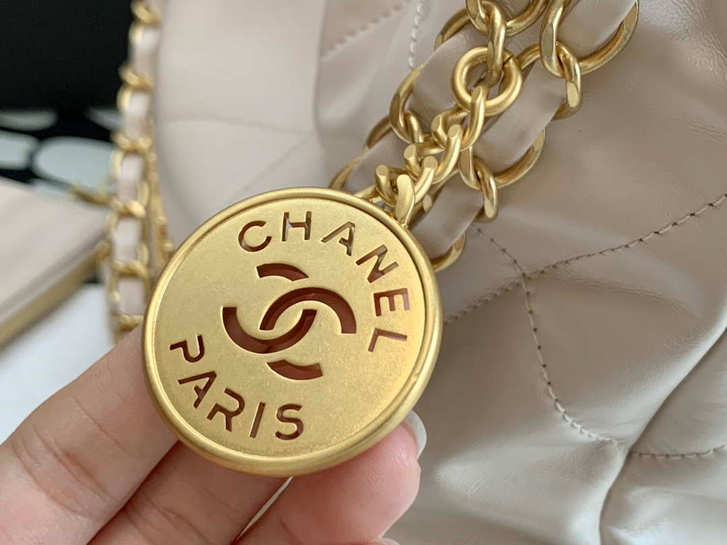 Chanel 22 AS3260 Small Handbag Shiny Calfskin Apricot