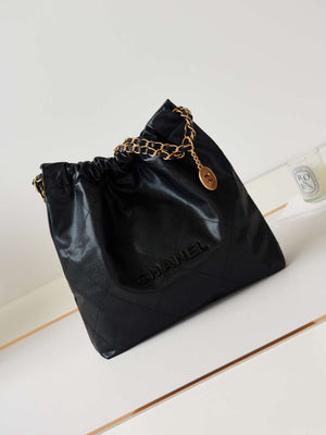 Chanel 22 AS3260 Small Handbag Shiny Calfskin Black Gold with black logo - Default Title - View 1