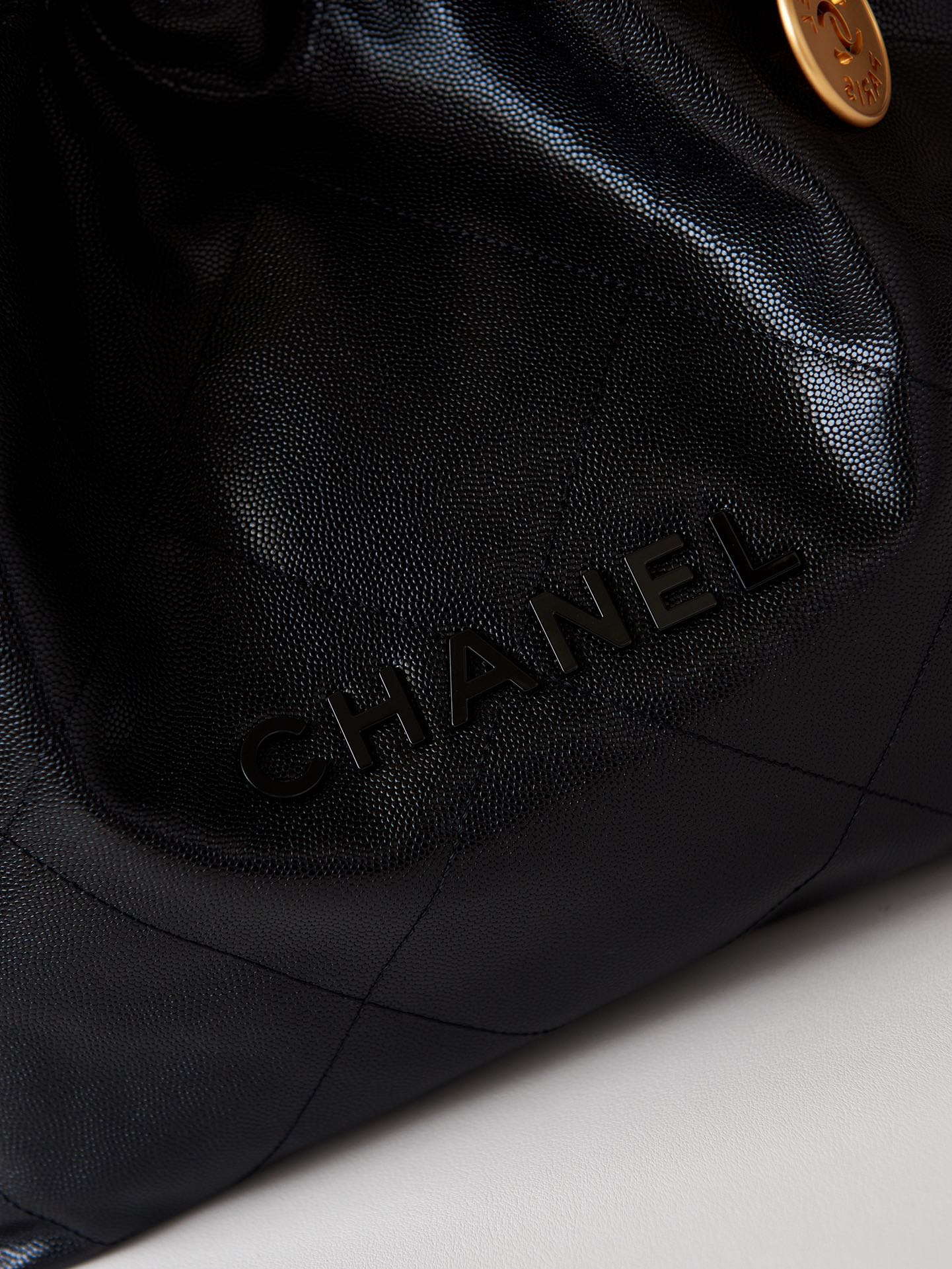 Chanel 22 AS3260 Small Handbag Shiny Calfskin Black Gold with black logo