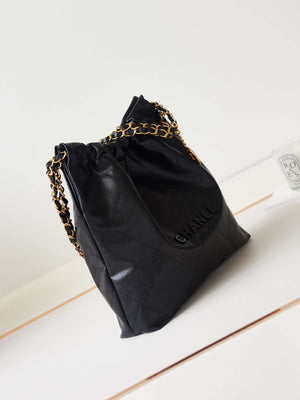 Chanel 22 AS3260 Small Handbag Shiny Calfskin Black Gold with black logo - Default Title - View 3