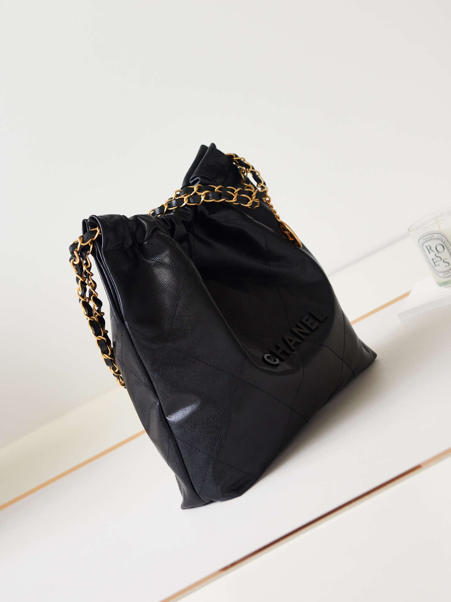 Chanel 22 AS3260 Small Handbag Shiny Calfskin Black Gold with black logo