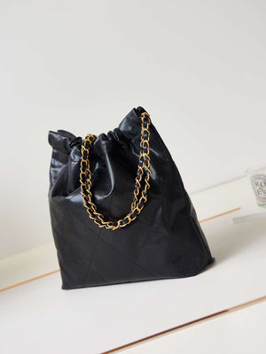 Chanel 22 AS3260 Small Handbag Shiny Calfskin Black Gold with black logo - Default Title - View 4